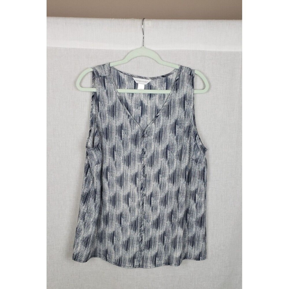Christopher Banks Top Blouse Large Button Front Navy Blue White Geometric Classy
